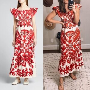 SEA NY Maxi Dress Red White Henrietta Ruby Floral Smocked Bow Cutout Back Sz XS